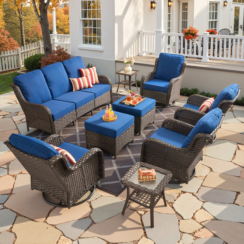 Cracraft 9-Piece All-Weather Wicker Patio Furniture Set With Swivel Rocker Chairs, Deep Seating Sofa & Ottomans For Backyard, Patio & Poolside