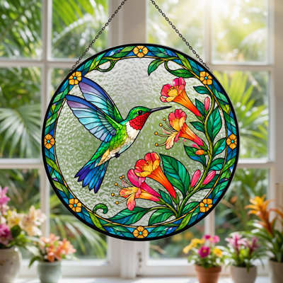Hummingbird and Flowers in Stained Glass Circle Canvas Wall Art