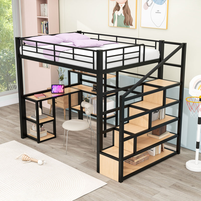 Lit mezzanine en métal avec bureau intégré et tablettes de rangement