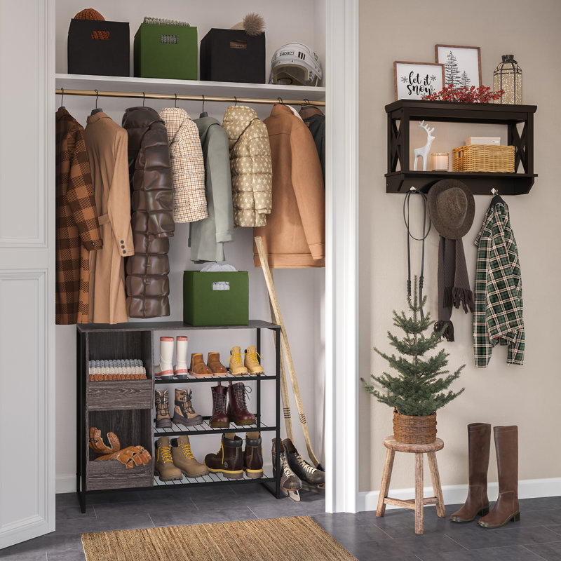 Black Wood Wall Shelf with Hooks and Open Shelves