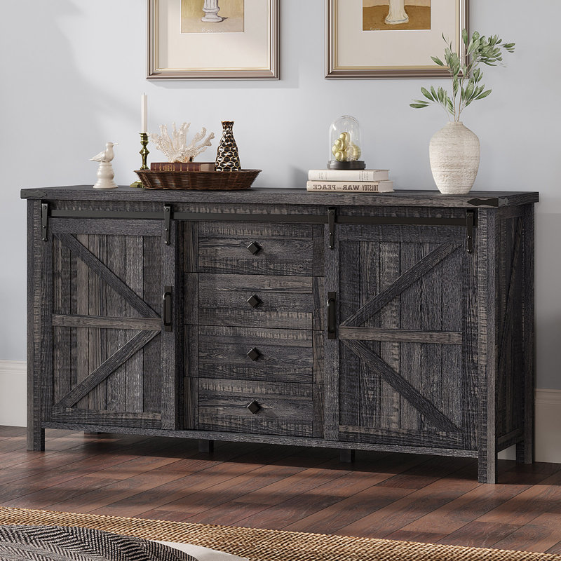 Buffet avec porte de grange coulissante 60 po Dreavyn, Noir, noir, noir, noir