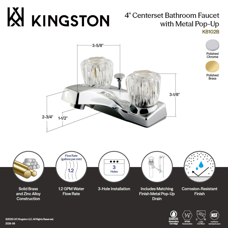 Robinet de salle de bain central à 4 poignées à fixation sur comptoir à 3 trous Kingston Brass, Laiton poli