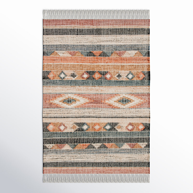 Friley Southwesten Flatweave Jute/Cotton Blue/Rust Area Rug, Rectangle 5' x 8'