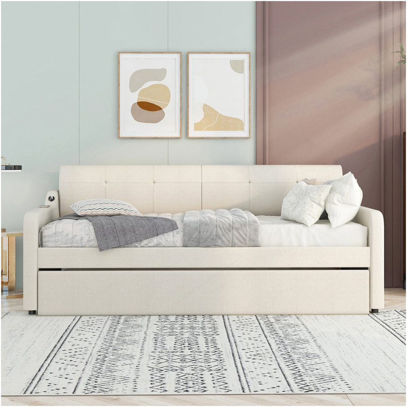 Lit de jour simple rembourré avec couchette et conception de chargement USB, la couchette peut être plate ou érigée, beige