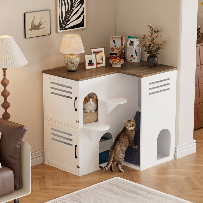 Meuble d'angle pour litière en L avec marches pour perchoir pour chat et rampe à gratter en feutre, litière cachée pour chat avec grand plateau de table, cabinet de toilette d'intérieur en bois pour chat