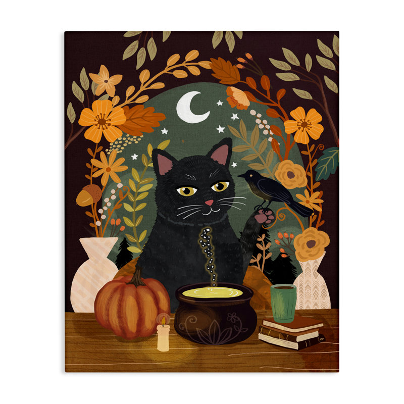 Chat automnal et toile de chaudron, design par Mia Charro, H 20 po x l 16 po