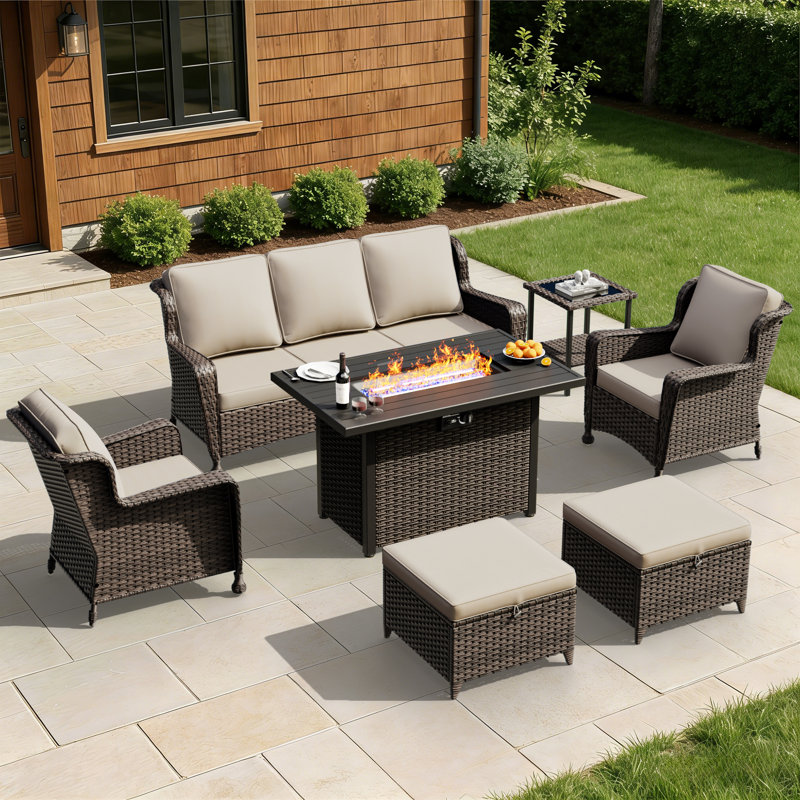 7-Person Outdoor Patio Conversation Rattan Seating Group With 2-In-1 Propane Fire Pit Table,2 Chairs，2 Ottoman and Beige Cushions