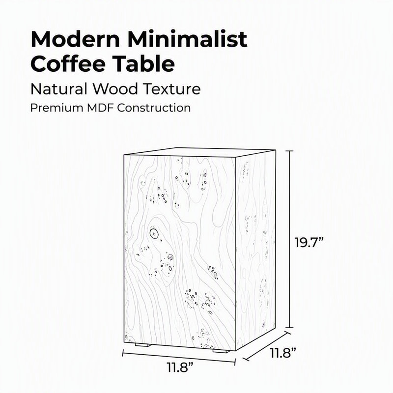Table d'appoint carrée de style wabi-sabi en MDF grain de bois naturel, 19.7" H x 11.8" W x 11.8" D
