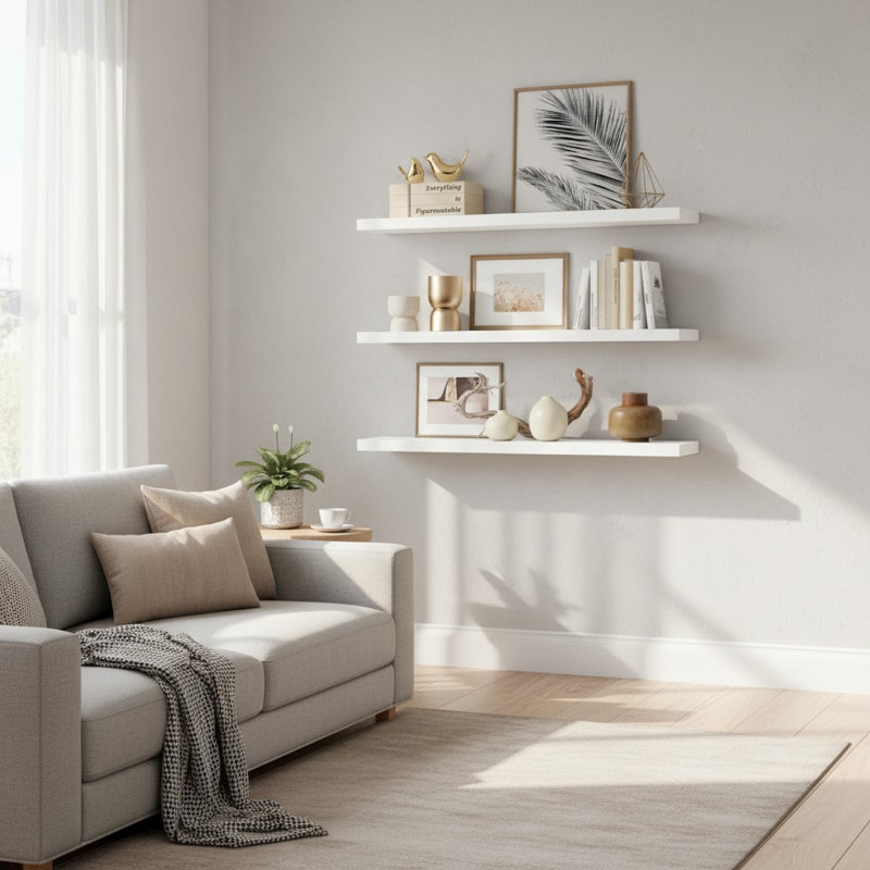Ensemble de 3 tablettes flottantes murales 36 po pour chambre à coucher et salon, Blanc