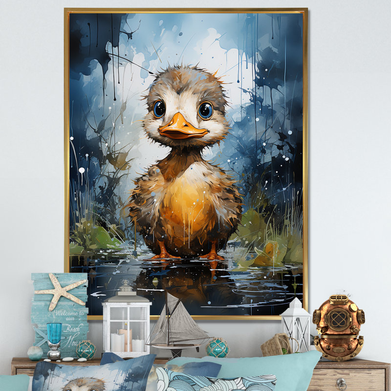 Mignon canard bleu et jaune pour chambre de bébé, Cadre flottant doré, 40" H x 30" W
