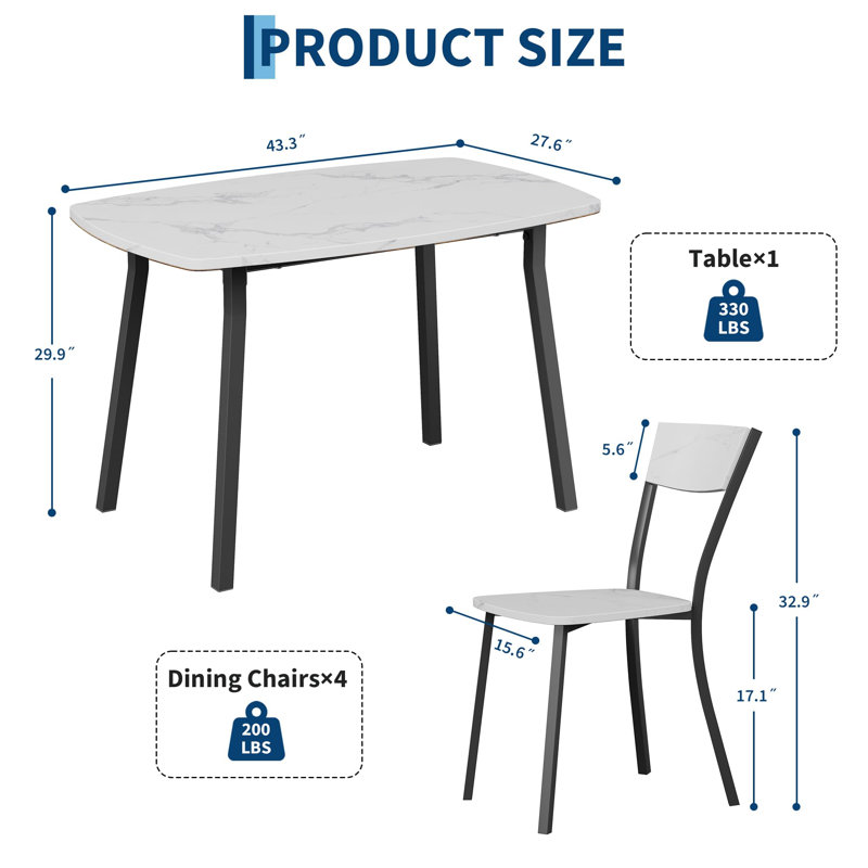 Ensemble de table de salle à manger 5 pièces pour 4, blanc marbre | Table de cuisine et chaises de 43,3 pouces, chaise à dossier trapézoïdal, coins arrondis, peu encombrant, salle à manger
