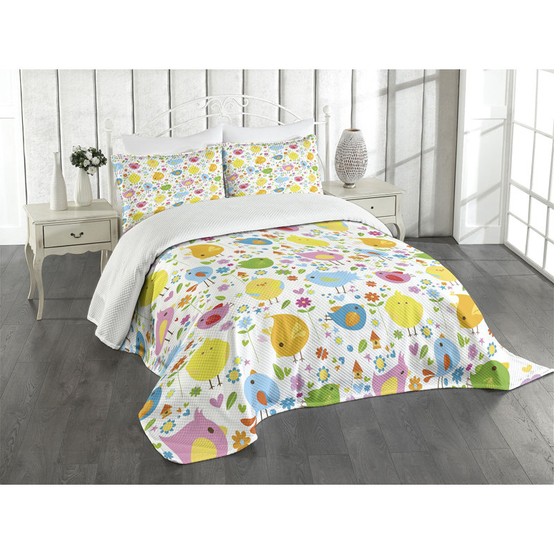Colorful Birds and Flowers King Size White Bedspread Set