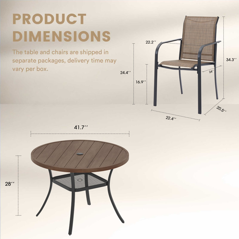 Ensemble repas d'extérieur pour 4 personnes avec chaises empilables, Noyer/brun