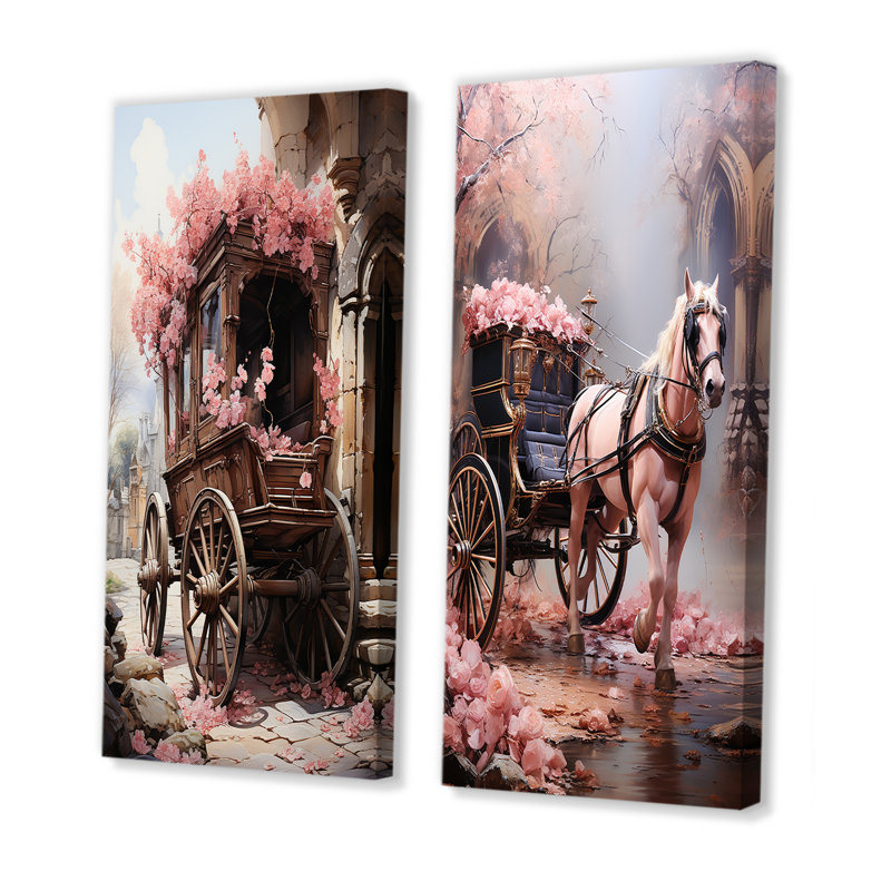 Voyage romantique en chariot de mariage - Ensemble de 2 décorations murales Old American Cart, Toile tendue