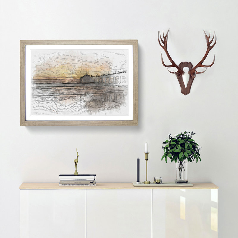 Sunset Behind the Pier Sketch - Picture Frame Graphic Art Print, 62cm H x 87cm W x 2cm D, Oak Framed
