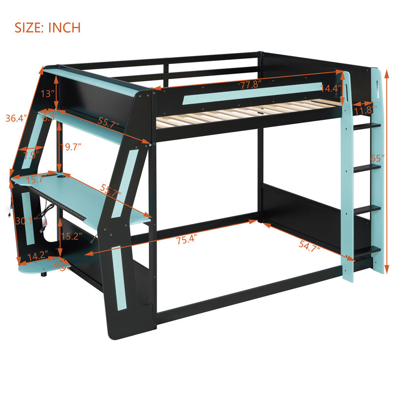Gaming Loft Bed with RGB Desk, LED Lights, USB Charging Ports and Cable Management, Blue