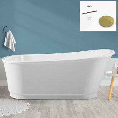 FerdY Langkawi 67" Acrylic Freestanding Bathtub, White Modern Stand Alone Soaking Bathtub, cUPC Certified, Minimalist Linear Design Overflow and Polished Gold Drain Included, Easy to Install