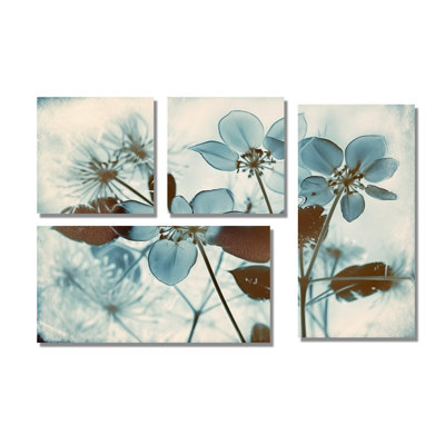 Fleurs botaniques rétro en V rétro bleu délavé - impressions botaniques abstraites sur toile 4 pièces