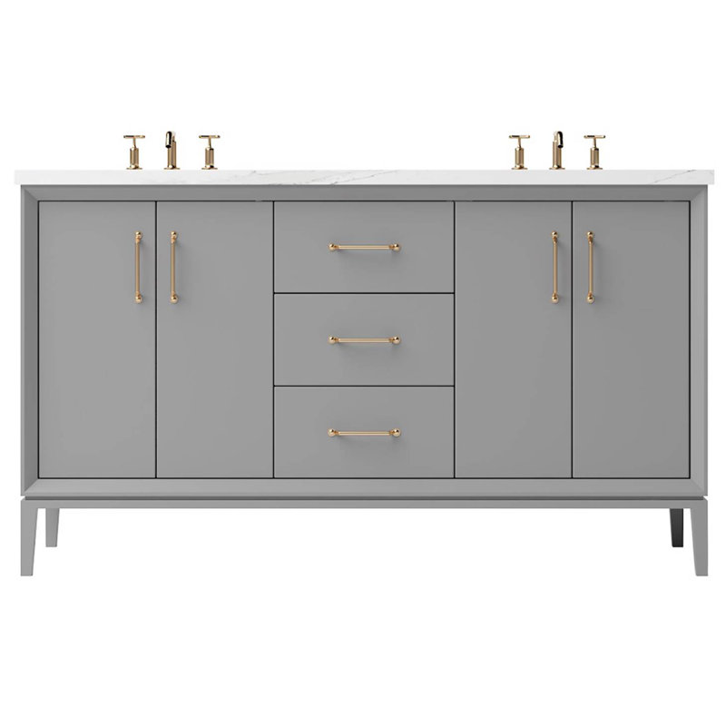 Meuble-lavabo double Alexandra, Gris platine, Or satiné, 60"