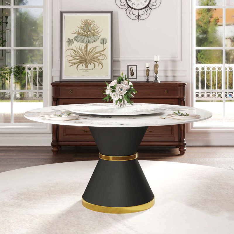 Table de salle à manger moderne 59,05 "en pierre artificielle ronde en acier au carbone noir pouvant accueillir 6 à 8 personnes