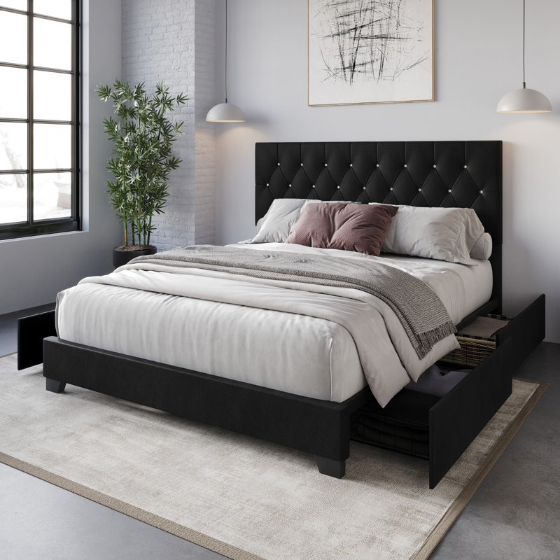 Svend Upholstered Platform Storage Bed, Full, Black