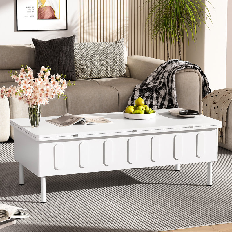 Table basse à plateau relevable avec 2 tiroirs et rangement caché Modern Space, Blanc