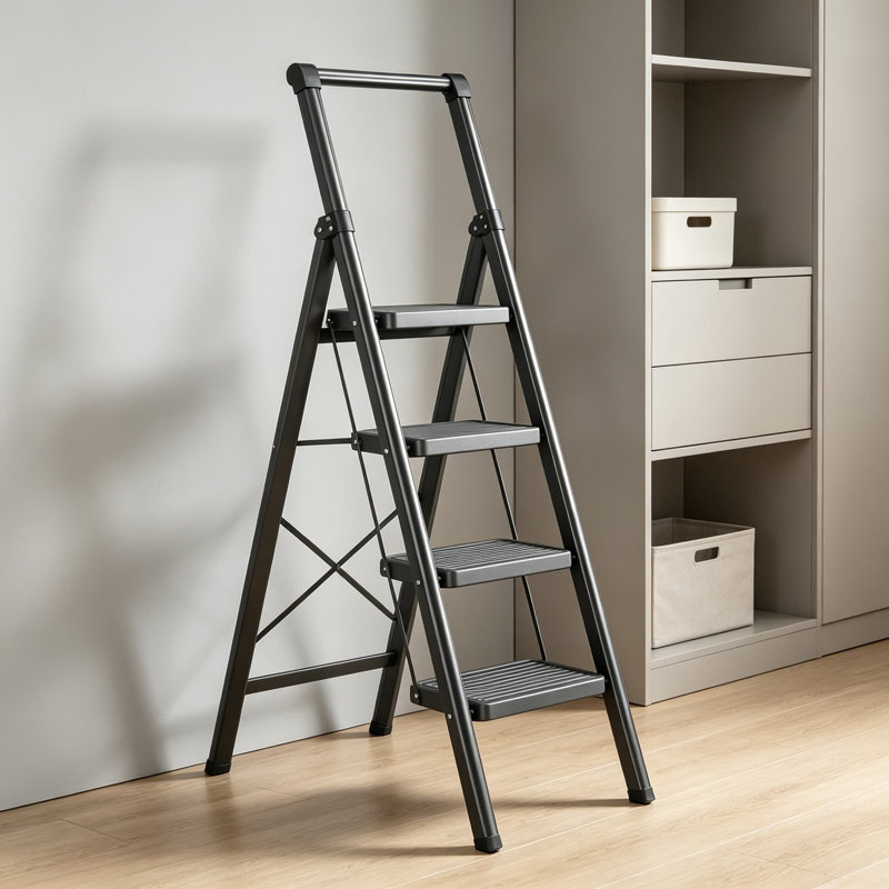Escabeau pliant pour adultes, escabeau robuste en acier avec large pédale antidérapante et poignée, échelle portable peu encombrante pour la maison, la cuisine et le bureau, noir