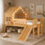 Lit mezzanine simple avec glissade, lit maisonnette avec motifs en forme d'étoile et fenêtre, design chic avec lumières DEL, pas de sommier tapissier nécessaire, naturel