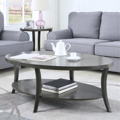 Table basse ovale grise - Style avec bois de bouleau et étagère supplémentaire