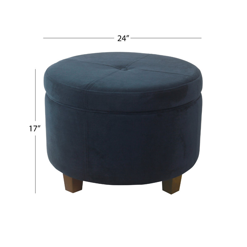 Repose-pieds rond avec rangement Soni, velours bleu marine 24 pouces, pieds brun foncé