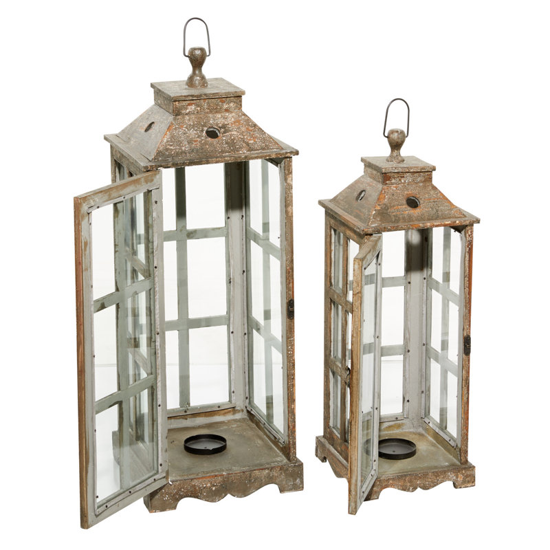 2 Piece Wood Tabletop Candle Lantern Set