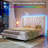 Bed Frame With 51"High Velvet Upholstered  Wingback Headboard, Platform Bed With Charging Station And Led Lights-655026585-655026588