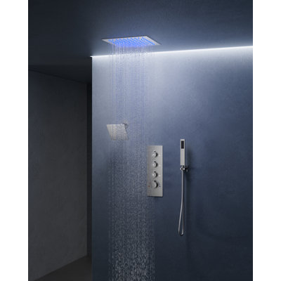 Thermostatic Dual Showerheads System, Ceiling Mount 12" LED Rainfall Shower Faucet with 6" Shower Head, Handheld Spray