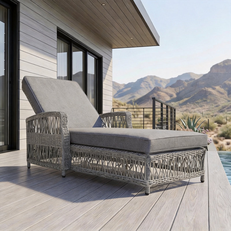 Outdoor Adjustable Reclining Chaise with Armrests & Removable Cushions, Gray