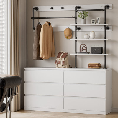 6 Drawer Dresser With Industrial Pipe Clothing Rack, 53.9" Wood Chest Of Drawers With Hanging Rods & Open Shelves, Heavy Duty Wall Mounted Closet For For Bedroom, Walk-In Closet & Dressing Area