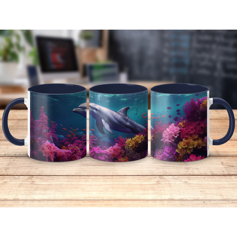 Realistic Animal Design 11oz Accent Mugs – Ceramic Coffee Cup with a Navy Handle and Interior