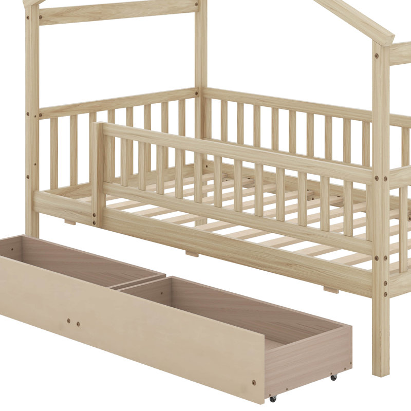 Lit en bois avec deux tiroirs, Naturel, Simple