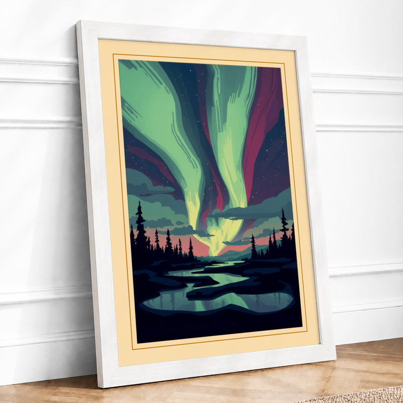 Aurora Over Silent Waters Scandinavian - Framed Print, A4 - 29.7 x 21.0 cm, White
