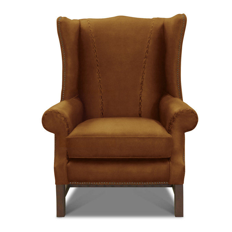 Fauteuil à oreilles en cuir véritable de 36 po de largeur Rodolfo, Cendre miel, Cognac (Maestro Artisano)