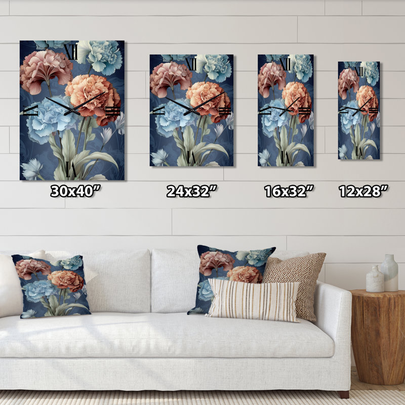 Corail bleu œillets Harmony II - très grandes horloges murales florales, Très grand