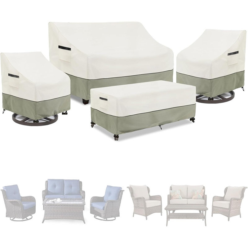 Ensemble de 4 pièces de housses de patio, housses de mobilier d'extérieur robustes 600d imperméables pour causeuse de patio, chaise berçante pivotante et table basse, blanc et vert grisâtre