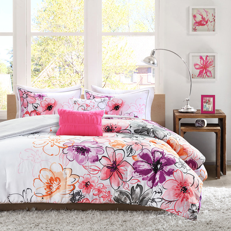 Édredon simple / simple TG et taie décorative, rose doux floral avec contraste gris