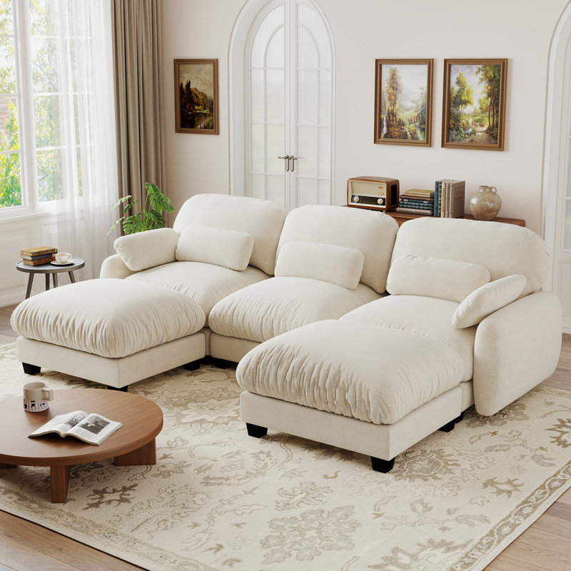 Upholstered 104.3 " Chenille Sectional, 3-Seater Sofa + 2 Ottomans, Beige