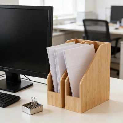 Paquet de 2 porte-classeurs en bambou, porte-livres et porte-revues pour bureau, bureau et rangement à la maison - Conception verticale peu encombrante, aucun assemblage requis