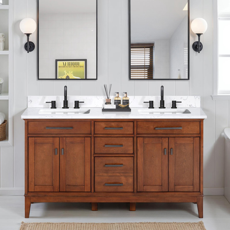 Anglet 60" Double Bathroom Vanity with Top, Tobacco, Cala White