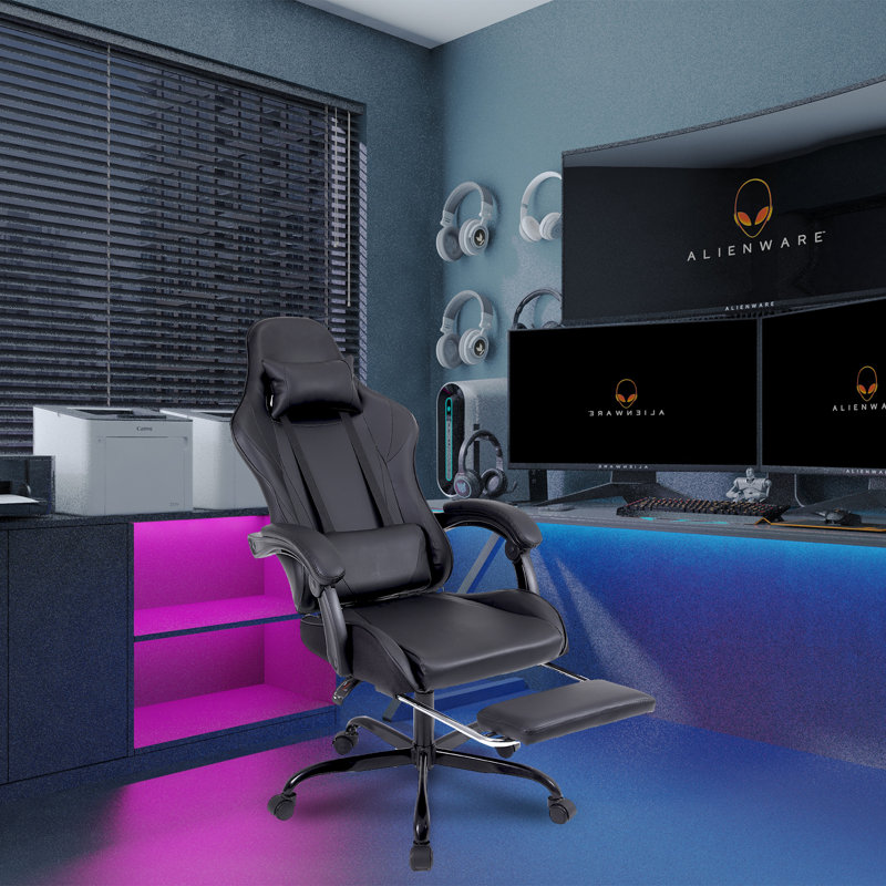 Ebern Designs Adjustable Reclining Ergonomic Faux Leather Swiveling PC & Racing Game Chair with Footrest, Black