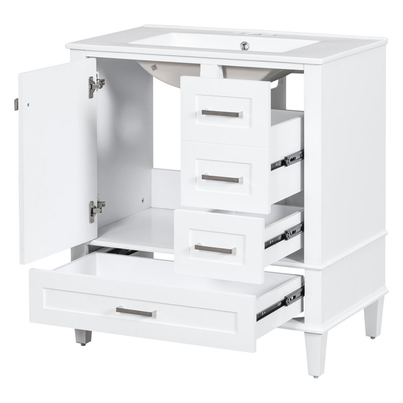 Meuble-lavabo de salle de bain blanc 30 po - Fabrication moderne en bois massif. Comprend un lavabo, 3 tiroirs et une porte à fermeture en douceur pour une structure soignée. Rangement équipé