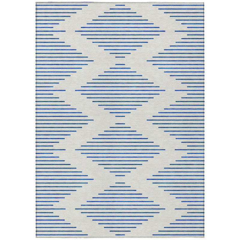 Tapis intérieur / extérieur géométrique lavable ivoire et bleu 9 pi x 12 pi