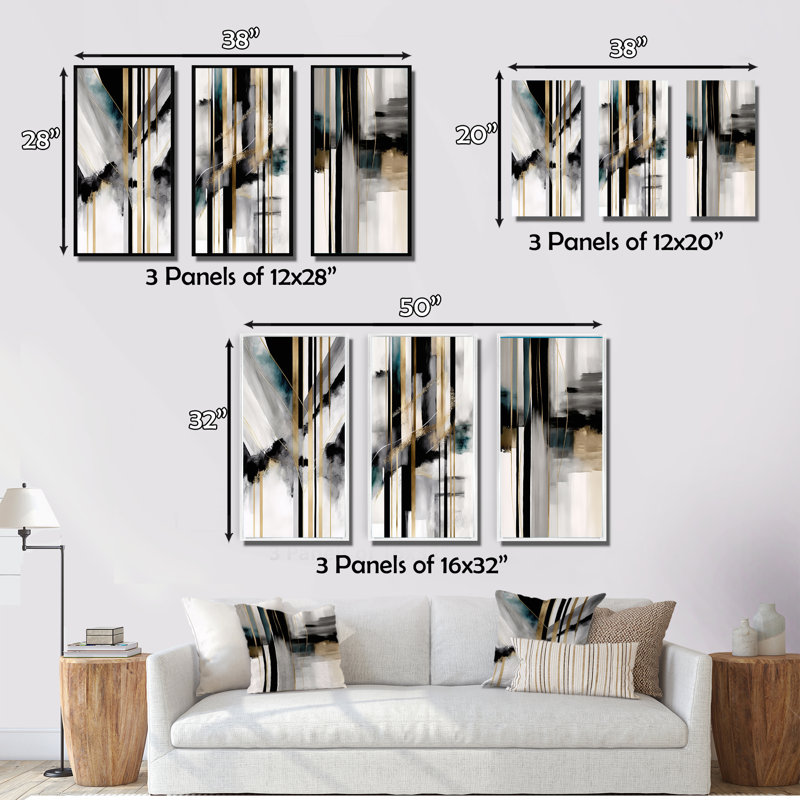 «Abstract Geode Geometric Black And Gold», 3 pièces sur toile, Toile tendue, H 28 po x l 36 po