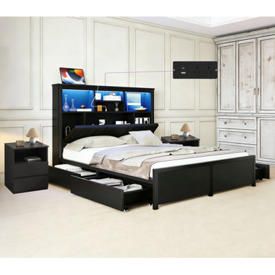 Ensemble de chambre pour grand lit d'une capacité de poids de 1 200 lb, base de lit entièrement en métal avec tête de lit rembourrée et tables de chevet en bois, 4 tiroirs, lumière DEL et station de charge